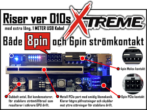 PCIE Riser, Ver 010S XTREME, 100cm kabel, En 8pin, en 6pin och en Molex Strömkontakt